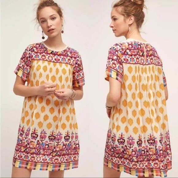 Anthopologie Tanvi Kedia Narcisa Dress Boho Yellow Shift Colorful Beaded $198 SM - Picture 1 of 12